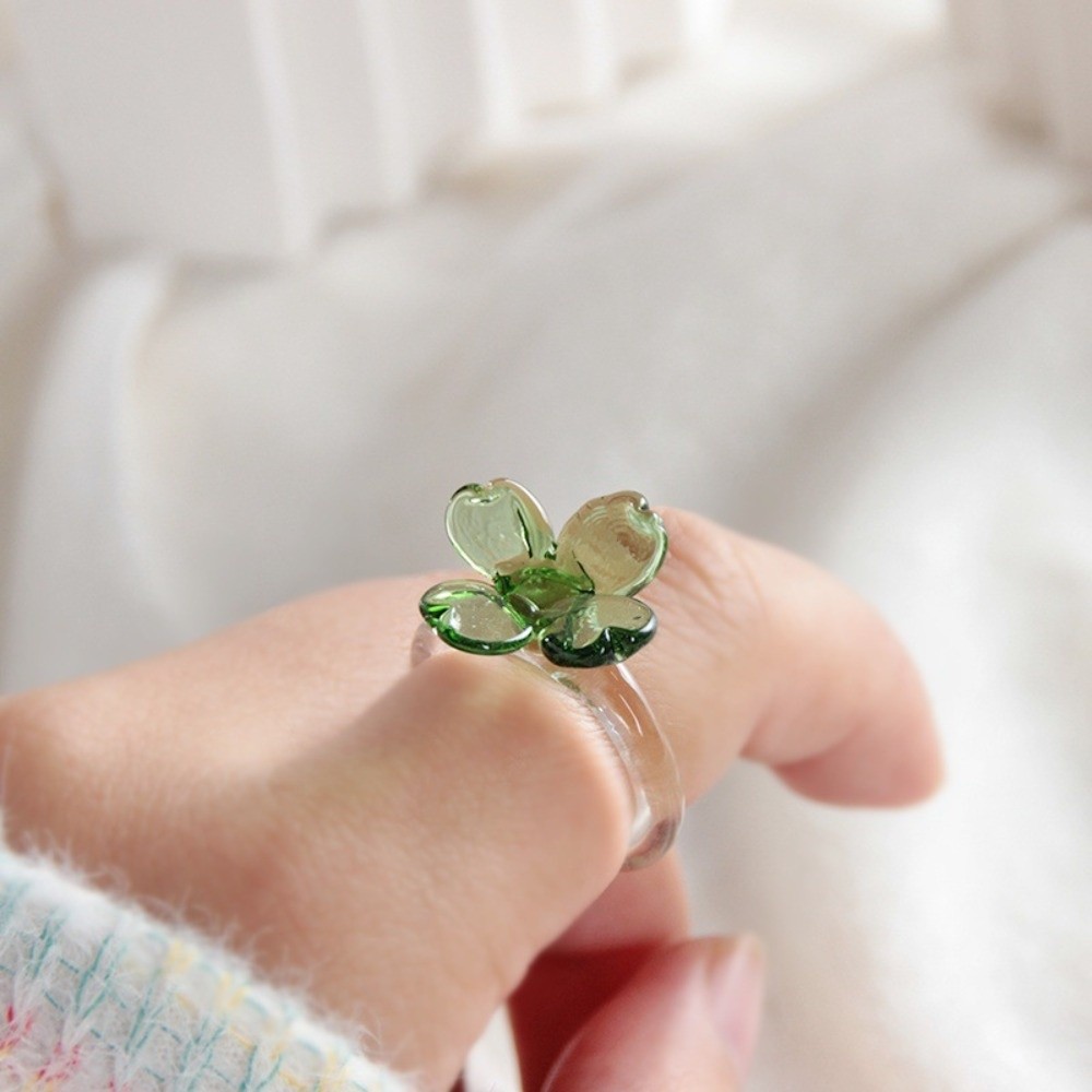 Lotus Handmade Glass Four-leaf Clover Ring Fashion Cute Flowers Finger Ring Vintage Elegant Coloured Glaze Ring Girls