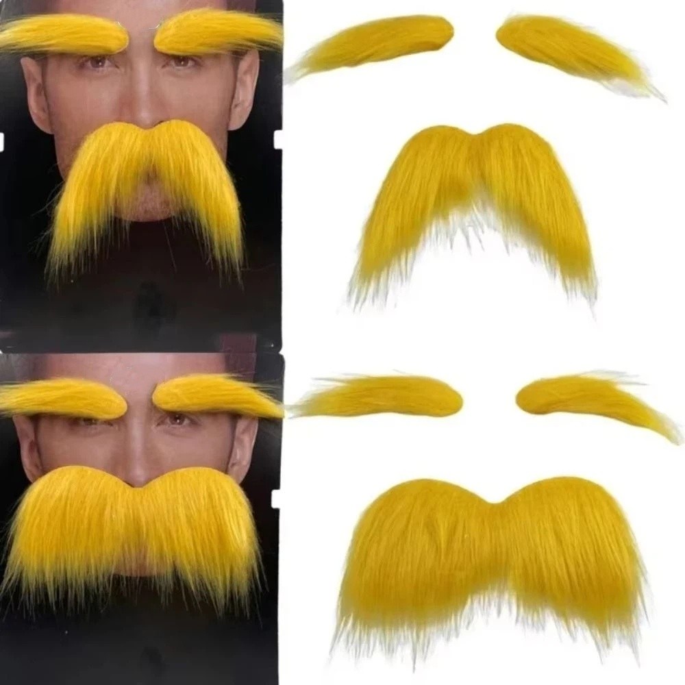 Men Women Self Adhesive Fake Beard Yellow Color Lightweight Eyebrow Set Pack Of Three Natural-Looking Shape Mustaches Set Festival Party