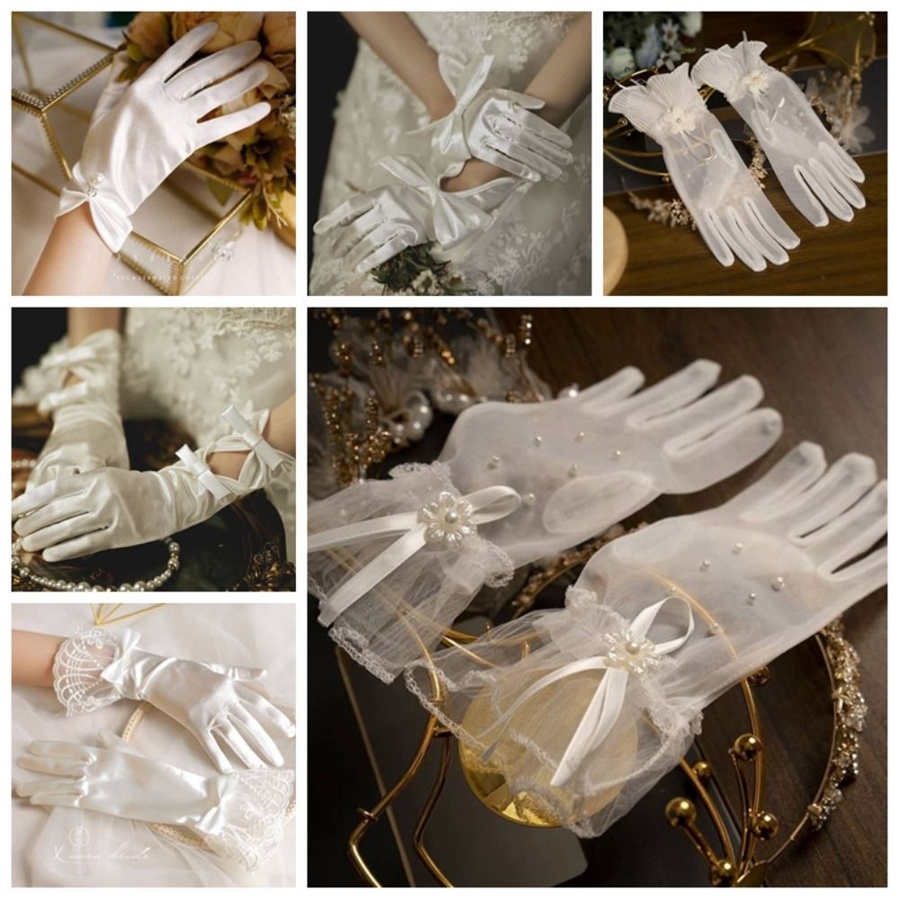 Pair Beautiful Short Glove White Satin Gloves Wedding Mesh Elegant Bow Knot Gloves Sweet Thin Lace Gloves Women Cosplay