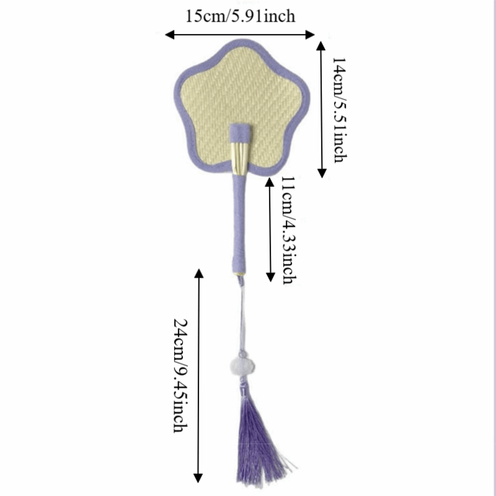 Cute Colorful Edging Retro Floral Straw Fan Portable Comfortable Handle Handmade Woven Fan Bright Color with Tassel Hand Cranked Futon Fan Outing Photo Prop