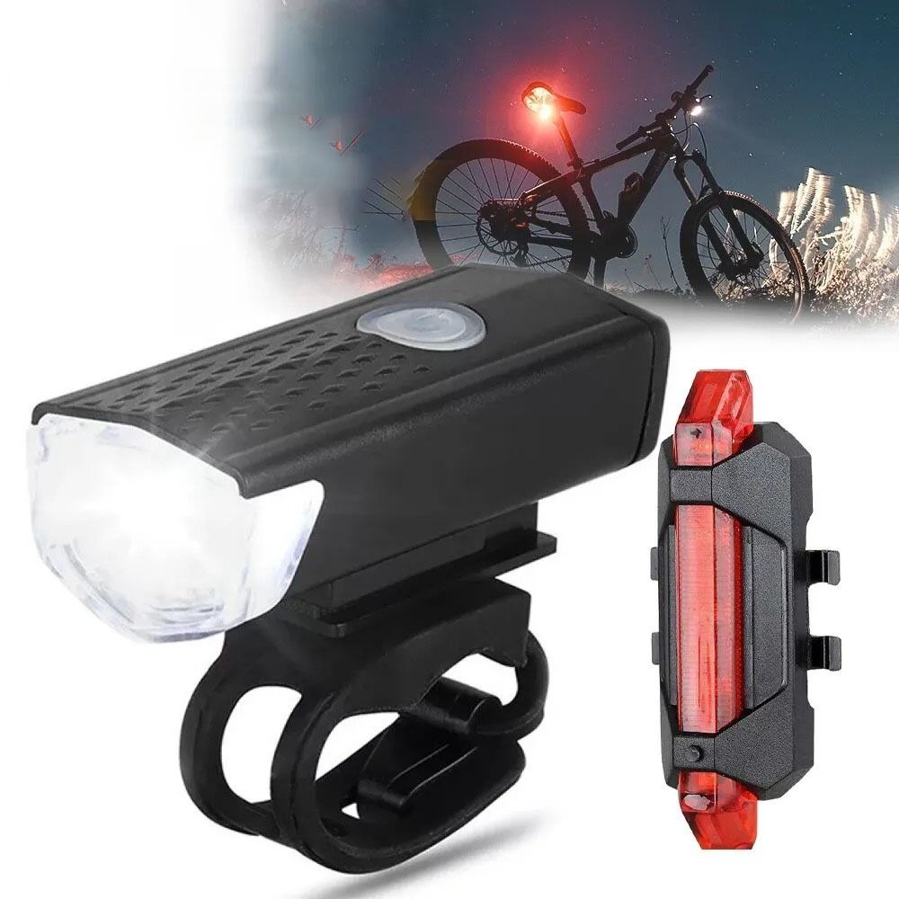 2Pcs/Set Flashlight Rechargeable Bike Lights Waterproof Easy To Install Bike Headlight Tail Light Set Bike Accessories Black White MTB Front Back Lamp for Men Women