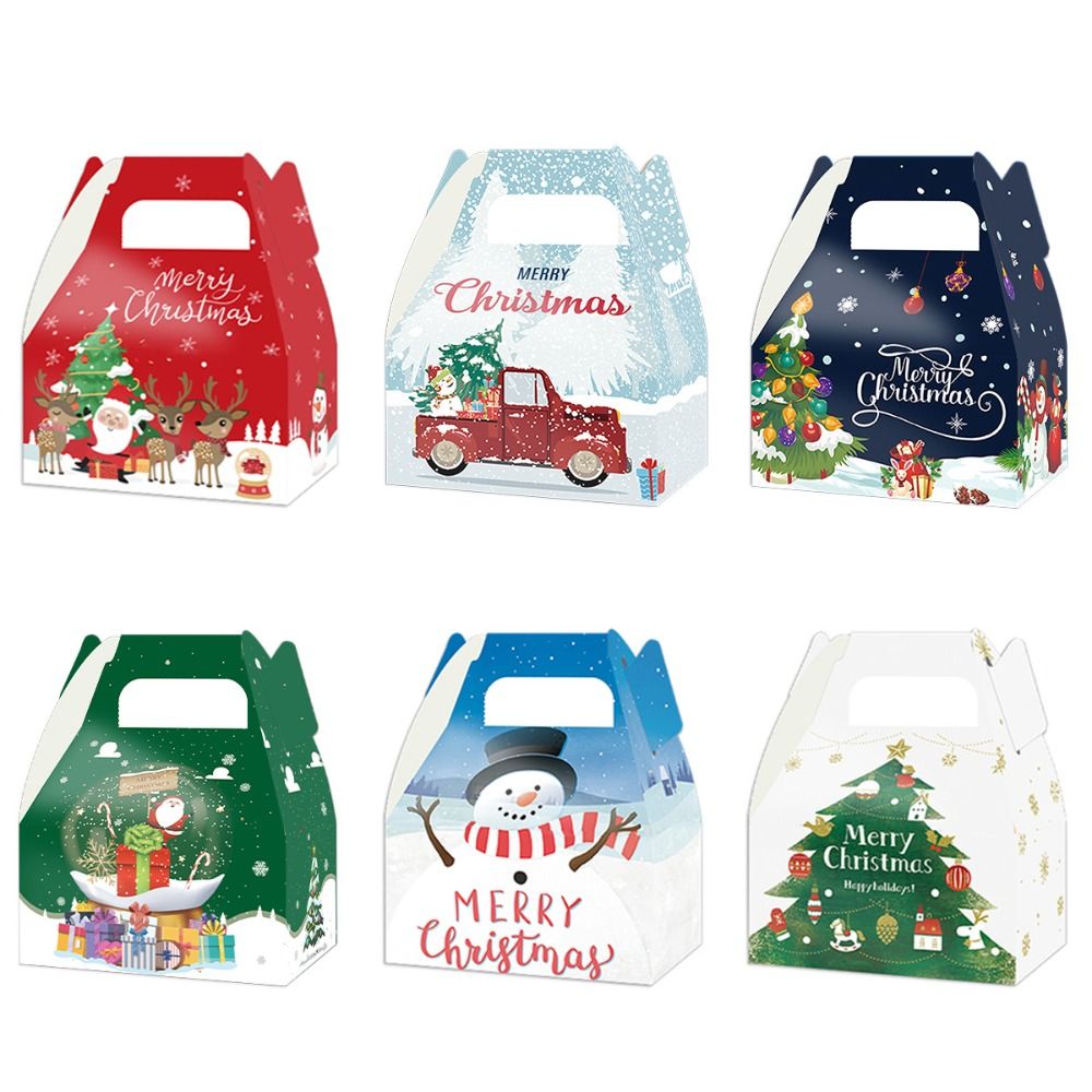 6pcs Cartoon Snowflake Christmas Candy Gift Box Santa Claus Snowman Paper Gift Packing Bag Handheld Xmas Tree Cookie Boxes Bag Merry Christmas
