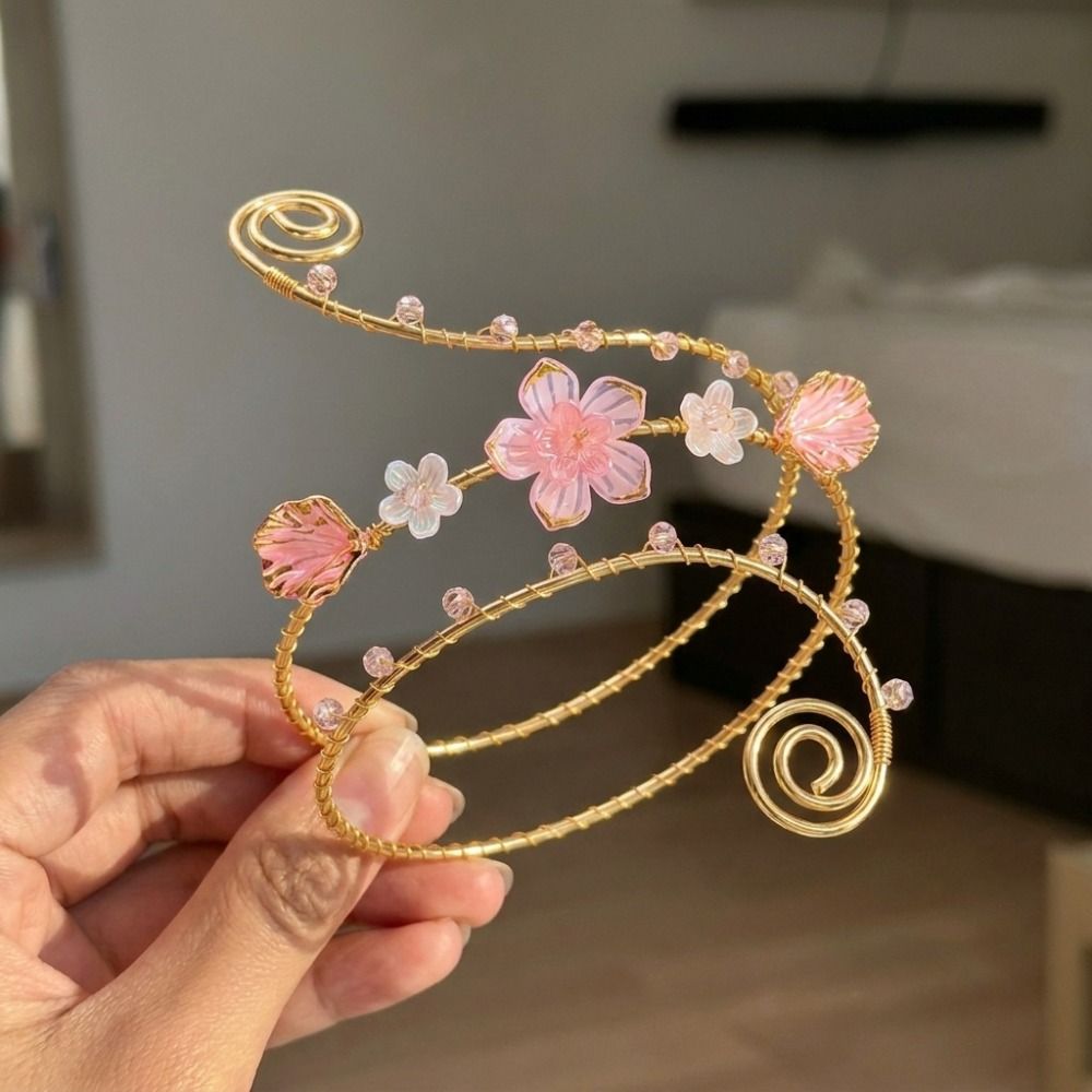 New Adjustable Floral Open Cuff Armlet Gold Color Metal Enamel Glaze Craft Open Arm Ring Flower Spiral Pattern Open Cuff Design Flower Cuff Bracelet For Women