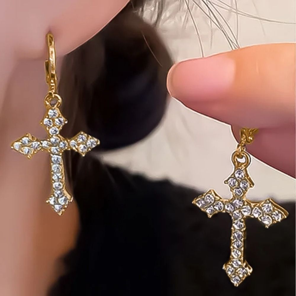 2024 Cross Cross Pendant Earrings Alloy Gold/Silver Drop Hoop Earrings Rhinestone Fashion Earrings Women