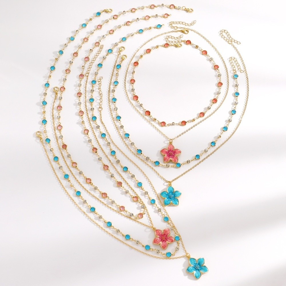 2Pcs/Set New Pink Crystal Flower Pendant Necklace Gold Plated Double Layer Layered Necklace Zircon Accent Clavicle Chain Necklace Women Girl