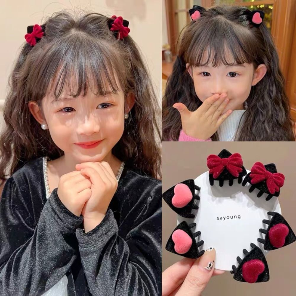 Cute Heart Cat Ear Hairpin Bow Cartoon Children's Hair Clip Kroean Style Animals Velvet Hair Clip Baby