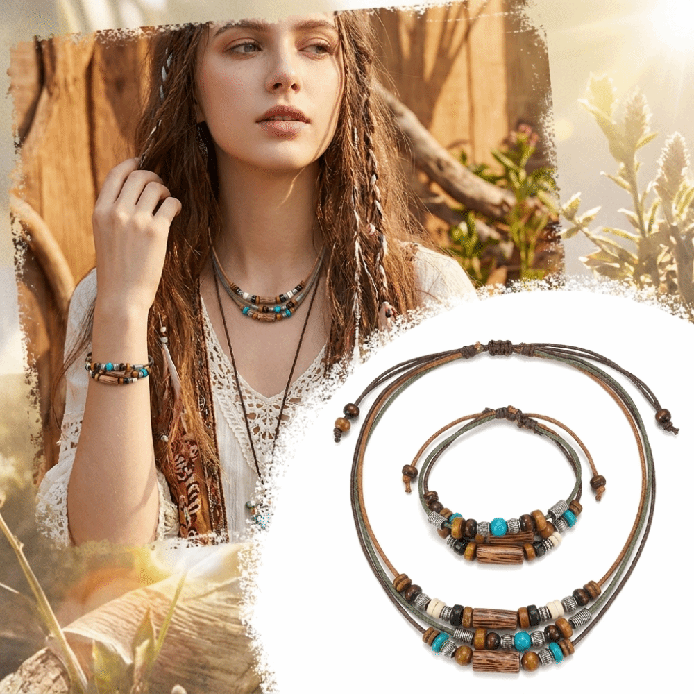 Durable Wood Beads Wooden Bead Jewelry Set Adjustable Tie Cord Layered Beads Hand Woven Jewelry Lightweight Cord Boho Necklace Set Boho Styling
