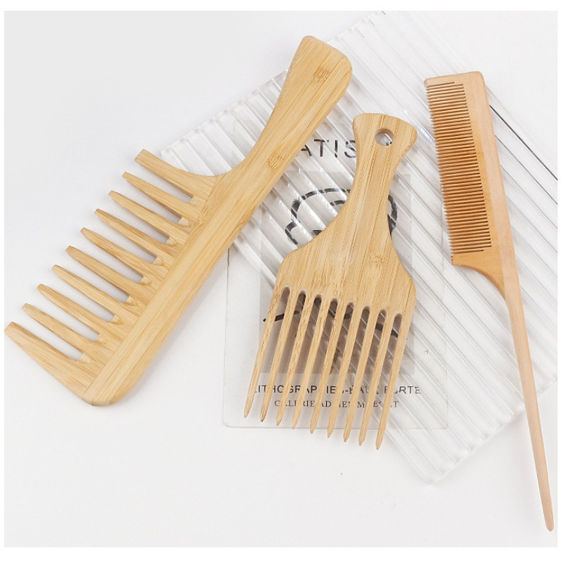 Yuanyan 1Pcs Natural Bamboo Wooden Hair Comb Anti-Static Afro Fork Combs For Women Round Wide Tooth Wood Comb Hair Brush women