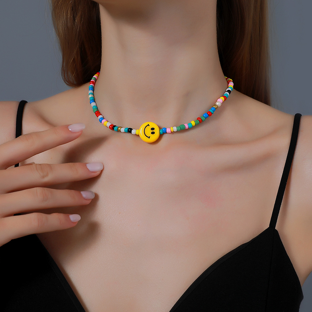 Yuanyan New Style Fashion Chic Beaded Necklace Design Colorful Smile Face Choker Funny Hip-Hop Girl Delicate Birthday Gifts