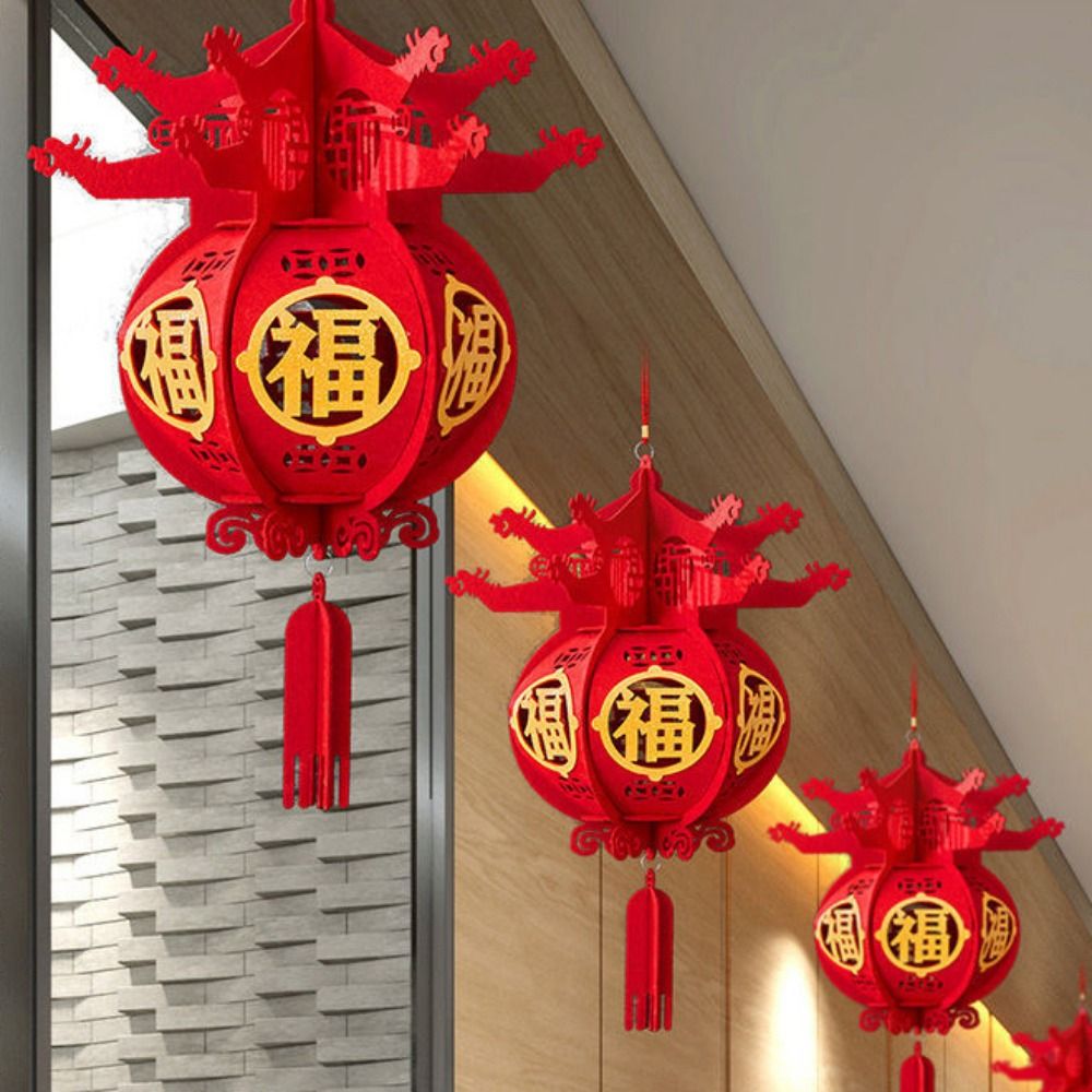 New Year Fu Letters Lantern Decorative Flocking Cloth Red Lanterns with Tassel Hangable Traditional Chinese Red Lantern Reusable Flocking Fabric Hanging Spring Festival Lantern Home