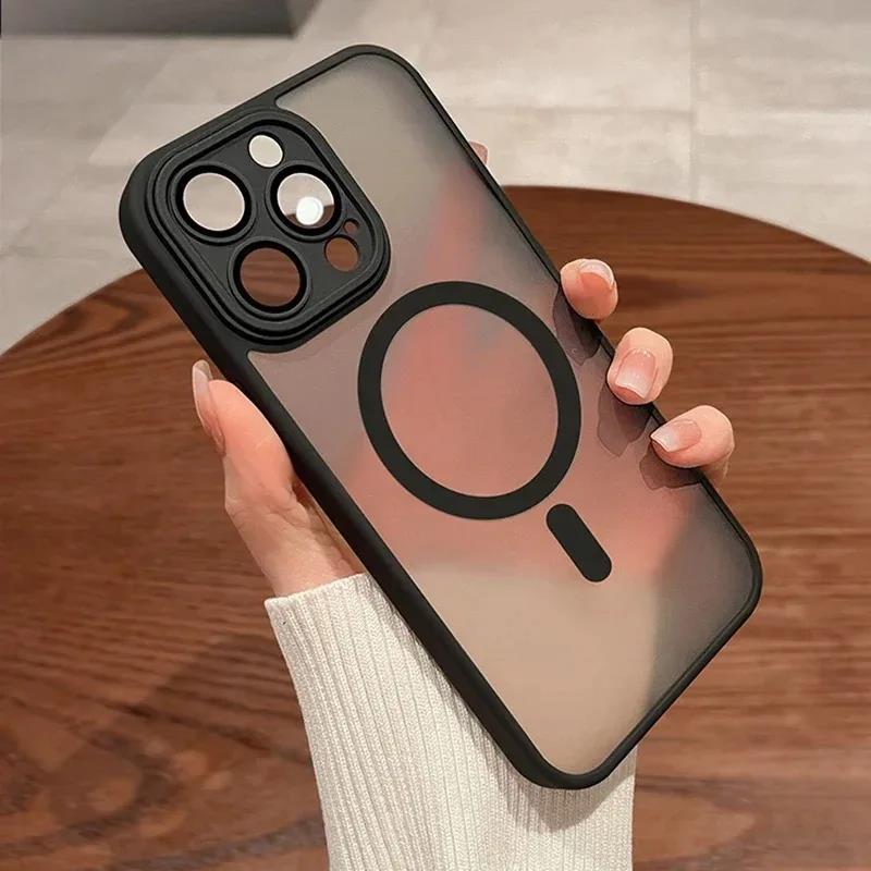 Wenefang Magnetic Luxury Matte Translucent Armor Shockproof Case For iPhone 16 15 14 13 Pro Max Plus For Magsafe Charge Cover