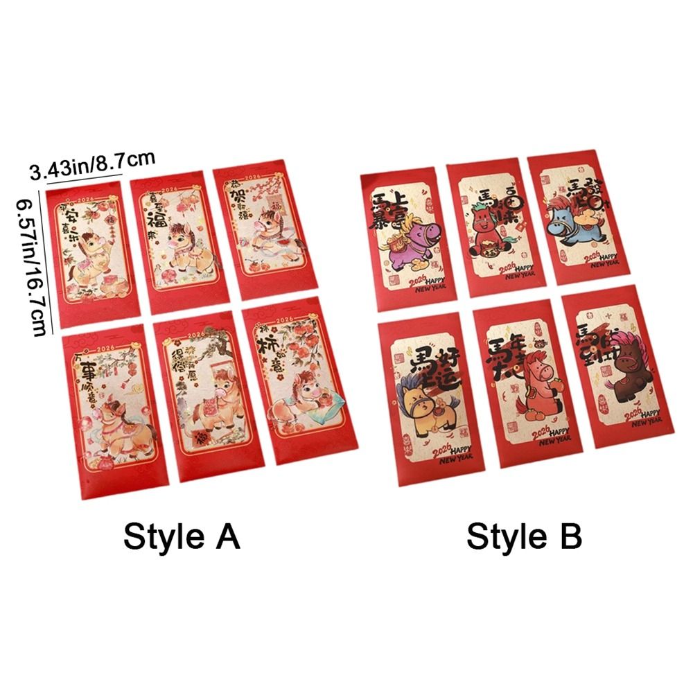 6PCS Cute Paper Horse Year Red Envelope Cartoon New Year Money Bag Bless Words Hongbao Birthday Gift