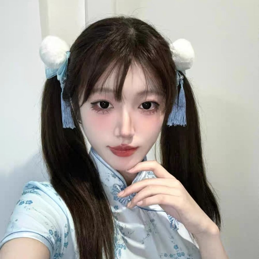Creative Cloth Chun-Li Hair Bun Clip Barrettes Tassel Bowknot Tassel Hair Clip Duckbill Clip Hair Accessories Cosplay Headwear Daily