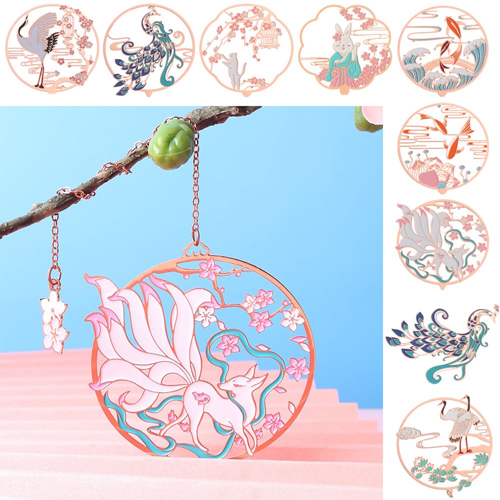 Chinese Style Stationery Metal Peacock Pendant Tassel Book Clip Pagination Mark Brass Bookmark Group Fan Shape