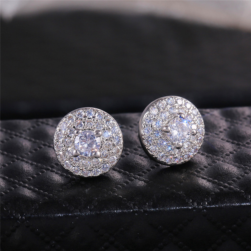 Girls Cute Crystal Round Earrings Silver White Zircon Wedding Stud Earrings For Wo Studs Vintage Jewelry