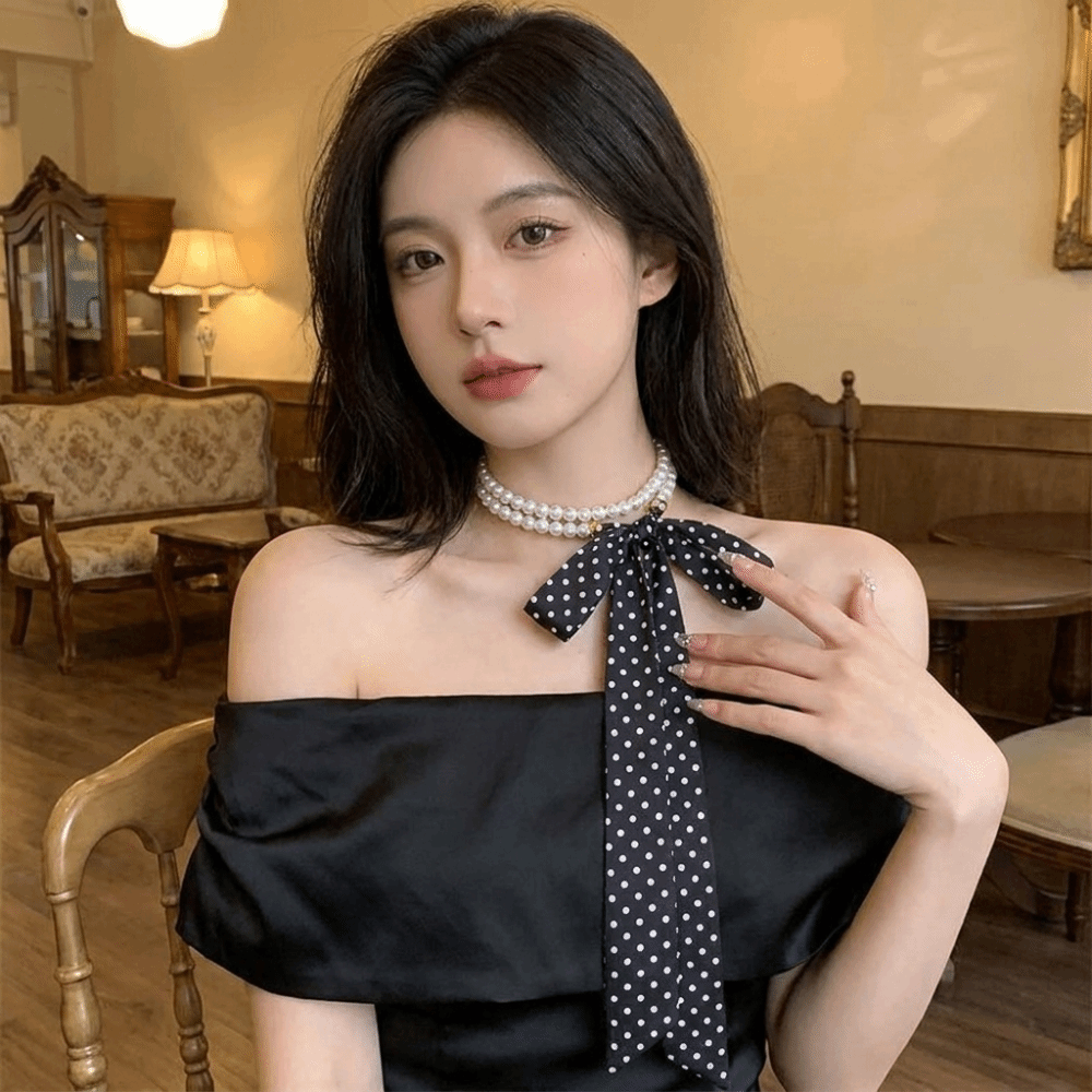 Trendy Cloth Polka Dot Scarf Necklace Silk Black White Color Bow Tie Lightweight Faux Ribbon Neckband Daily