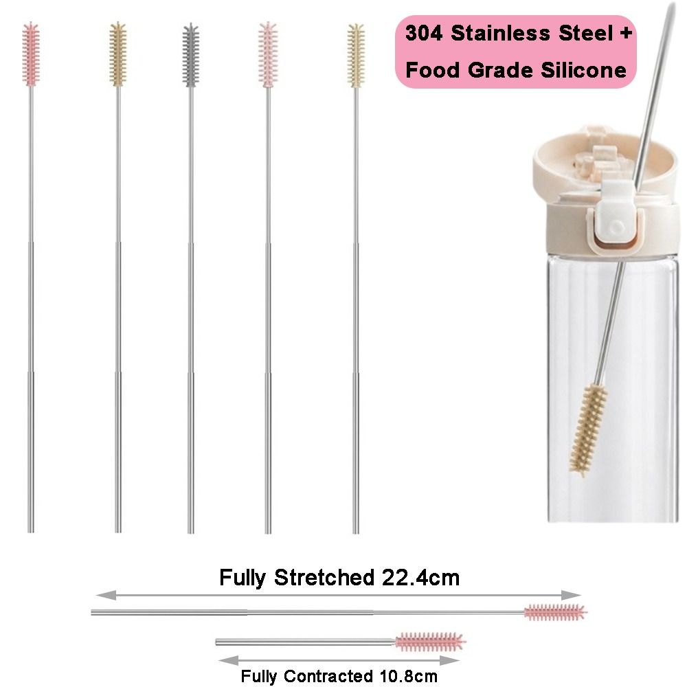 Reusable Extendable Design Silicone Straw Brush Heat Resistant No Dead Angle Cleaning Baby Bottle Cleaning Brush 304 Stainless Steel Tube Cleaner Straw Maintenance