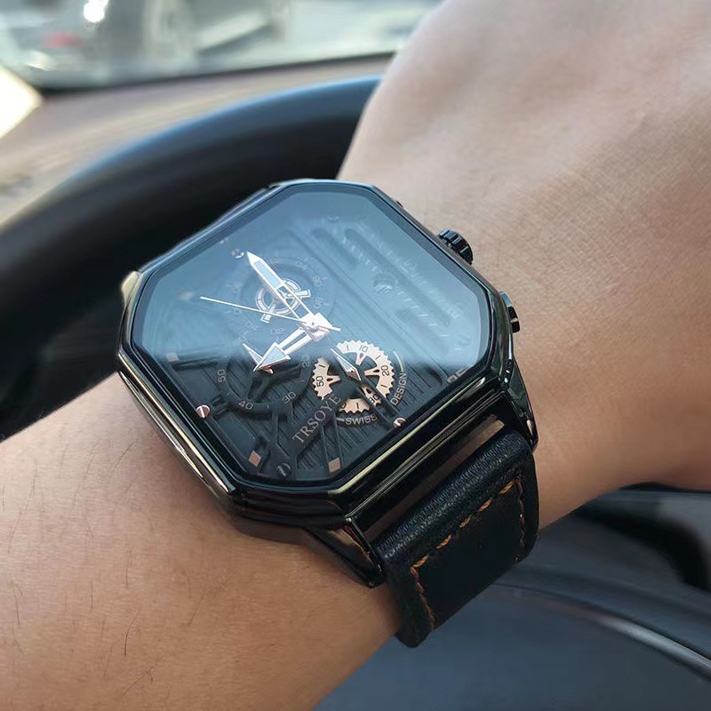 【High Quality】Men's Square Quartz Watch with Trending Large Dial - Stylish and Durable for Students and Youth, Water-Resistant for Active Lifestyles