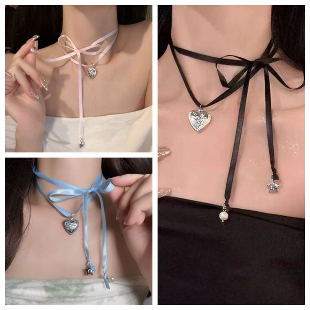 Creative Balletcore Style Ribbon Necklace Star Love Pendant Clavicle Chain Jewelry Accessories Charms Y2K Choker Decoration