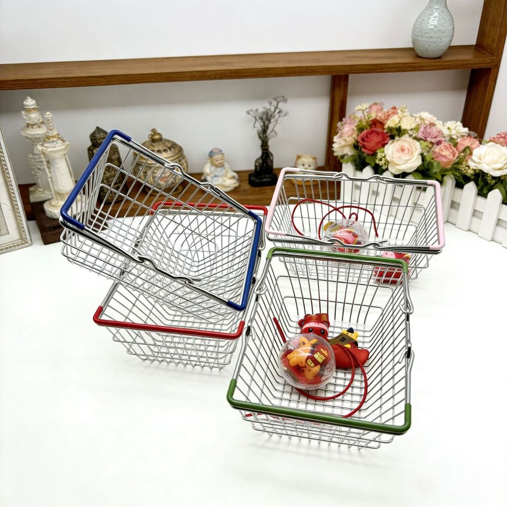 1pc Simple Metal Wire Mini Shopping Basket 2 Sizes Available with Handle Desktop Storage Basket Metal Wire Basket Home Decor