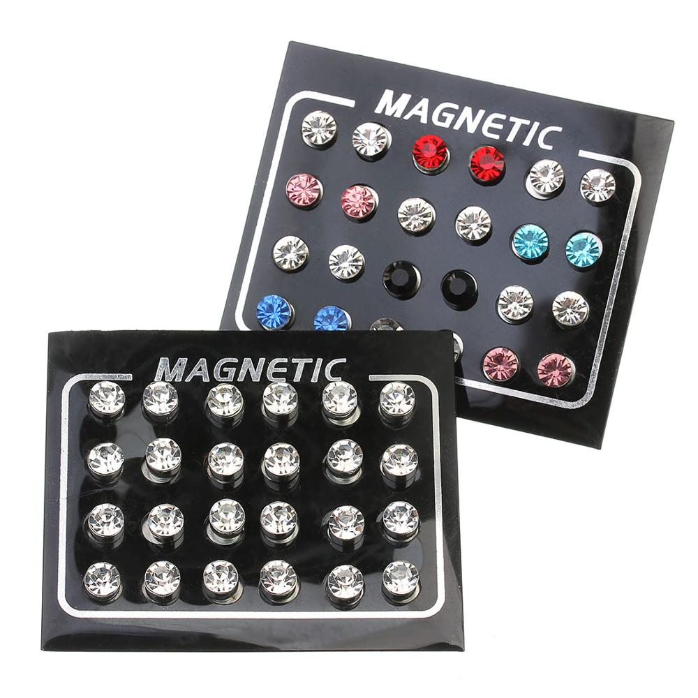 【Hongtai Store】12 pairs/lot Multicolor Clear Crystal Magnet Stud Earrings Wo Rhinestone Magnetic Fake Ear Plug Ear Studs Body