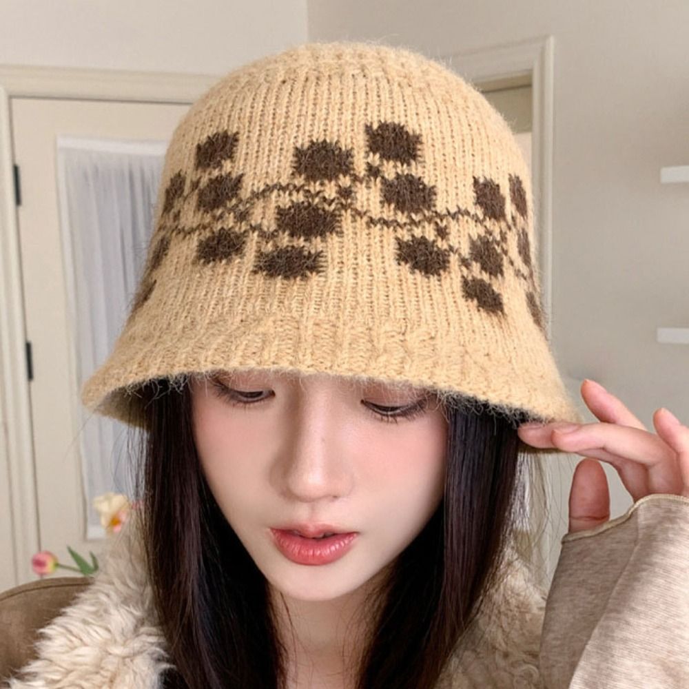 Wide Brim Sweet Floral Knitted Bucket Hat Retro Ethnic Style Jacquard Woolen Hat Handmade Crochet Warm Fisherman Hat Autumn and Winter