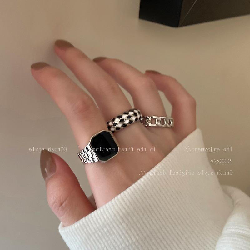 【New Arrivals】Black and White Chessboard Open Ring Women's Personality All-match Niche Design Temperament Ring Ring 2023 New Fashion