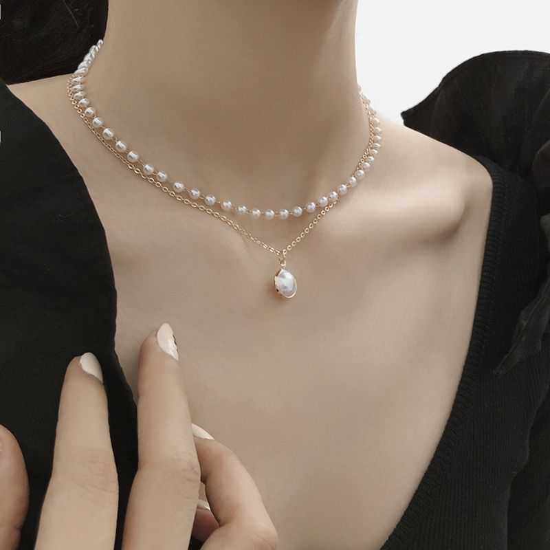 【Quality Style New Fashion Simple All-match Personalized Niche Design Double-layer Necklace Lady Pearl Clavicle Chain