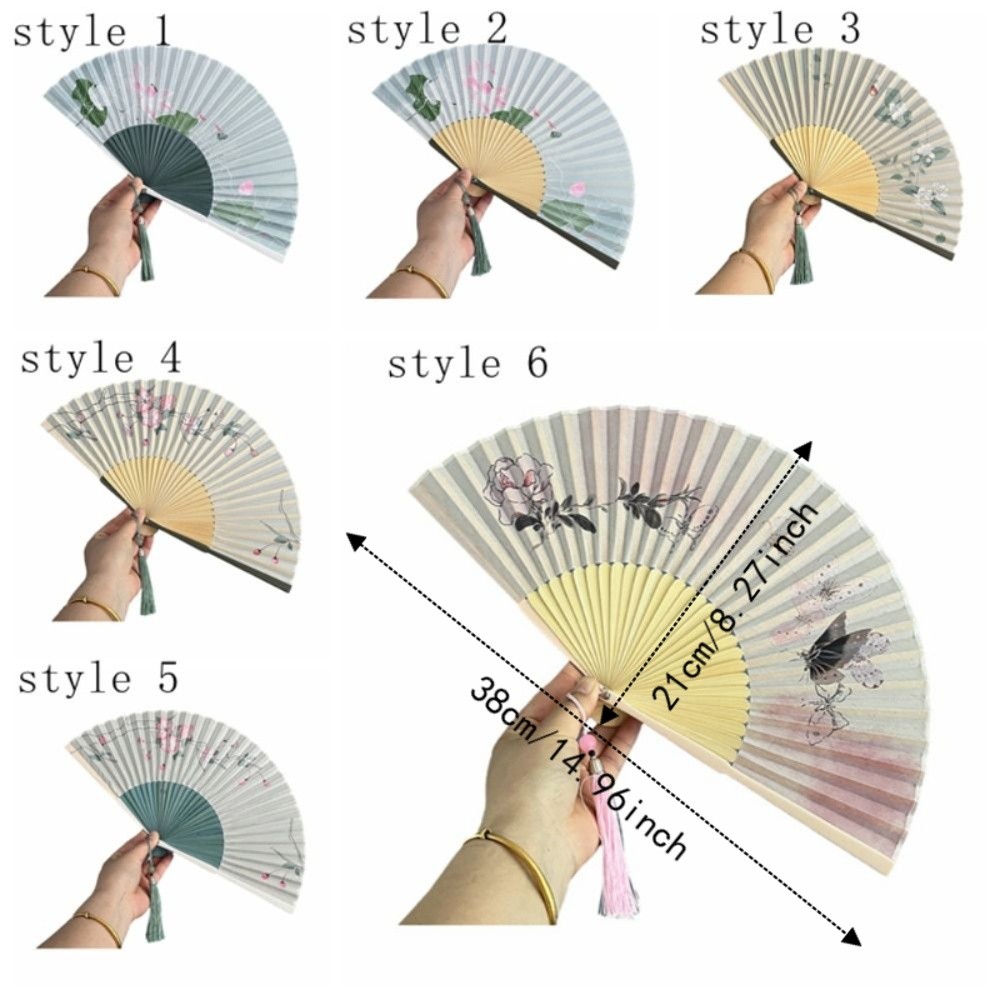 Decorative Retro Folding Hand Fan Lotus Design Classical Chinese Style Fan with Tassels Wooden Handle Hand Cranked Fan Festival