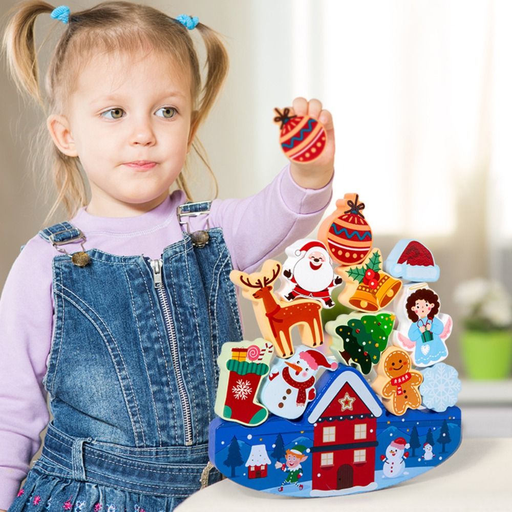 Parent-child Interactive Wood Christmas Building Blocks Stacking Toy 3D Puzzle Early Education Halloween Balance Toy Assembly DIY Christmas Stacking Game Birthday Party Decor
