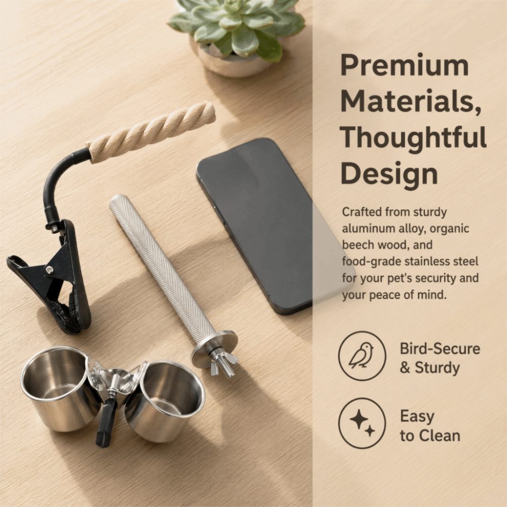 2 in Clamp On Cage Bird Perch Aluminum Alloy Beech Wood Stainless Steel Double Feeding Cup Adjustable with Clip Bird Platform Perch Pet Accessory