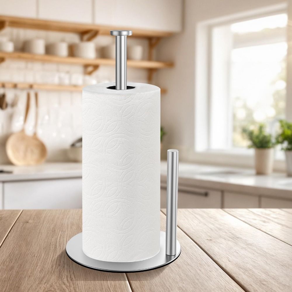 Modern Stainless Steel Paper Towel Holder Non-Slip One-Handed Tear Kitchen Roll Dispenser Space-Saving Removable Paper Towel Stand Household
