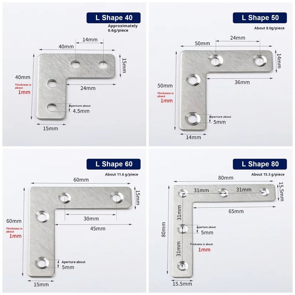 10Pcs Durable 40/50/60/80mm Angle Bracket 90° Right Angle Flat Fastener Connection Plate T-type L-type Fixed Corner Bracket Hardware Accessory