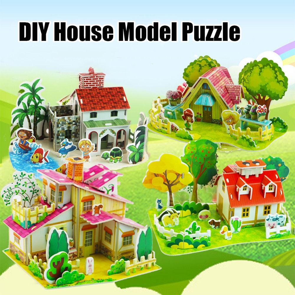 Cartoon 3D Puzzle Building 3D Puzzle Assembly Building Blocks Paper Jigsaw DIY House Model Puzzle DIY Handmade Paper Card Jigsaw Toddlers