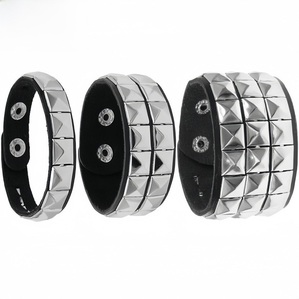 New Goth Studded Bracelet Punk Pu Leather Black Wristband Adjustable Three Rows Cuff Bangle Rock Style