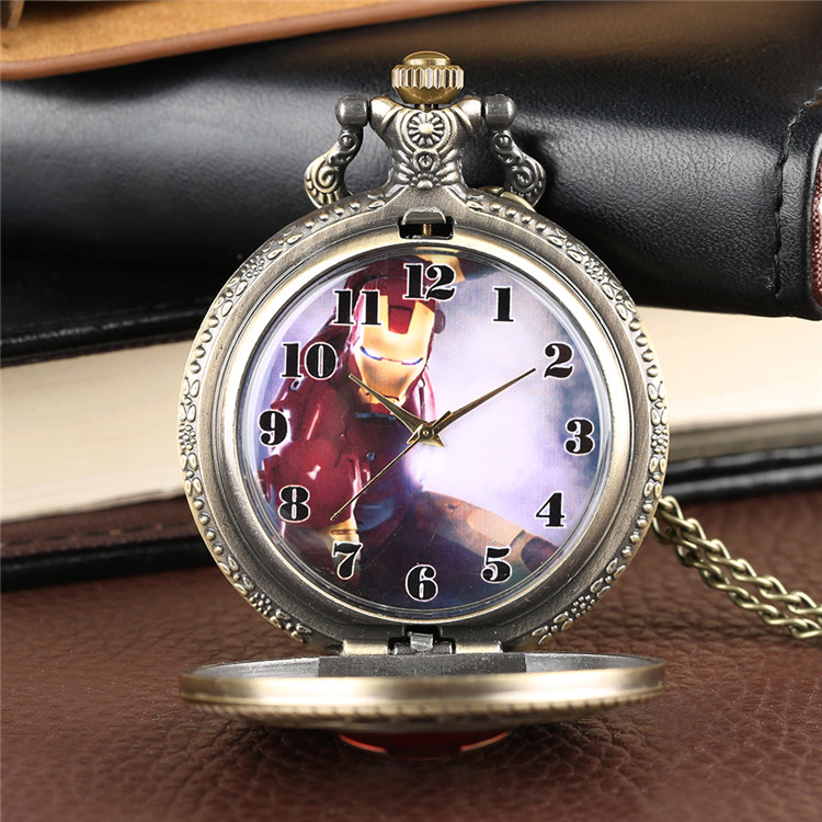 【New arrival】Hot Half Men Iron-Man Theme Pocket Watch Quatz Fob Clock Vintage Pendant Children Birthday Gift reloj de bolsillo