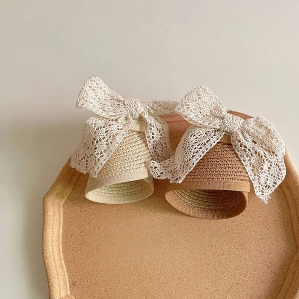 New Summer Baby Straw Caps Empty Top Bow Lace Straw Hat Wide Brim Beach Children Sun Hat Outdoor