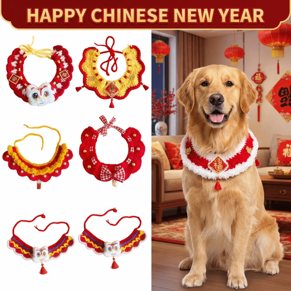 Cute Chinese Style Pet Scarf Knitted Material Adjustable Puppy Collar Handmade Cartoon Decorative Collar Pet Accessories