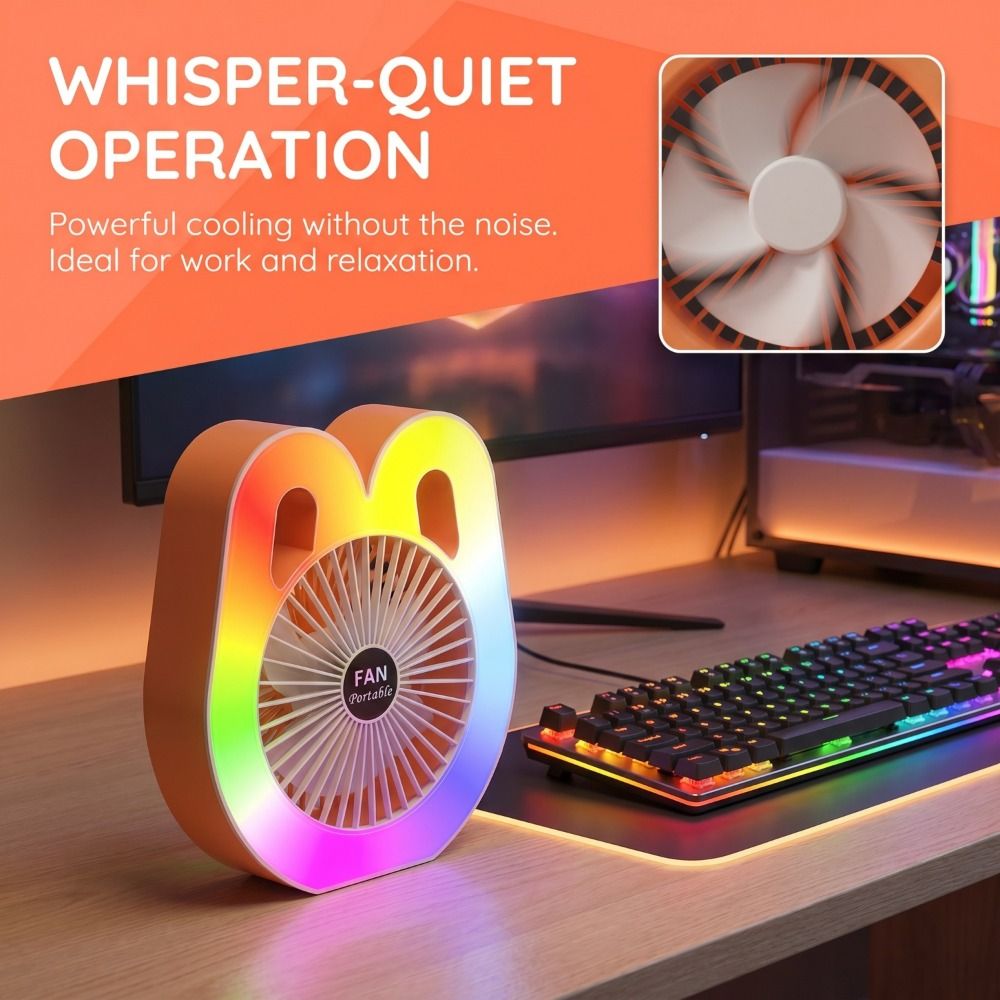 Small Fan Portable Colorful Light Fan Rechargeable Adjustable Fan 3 Speeds 180° Adjustable LED Fan Household Use