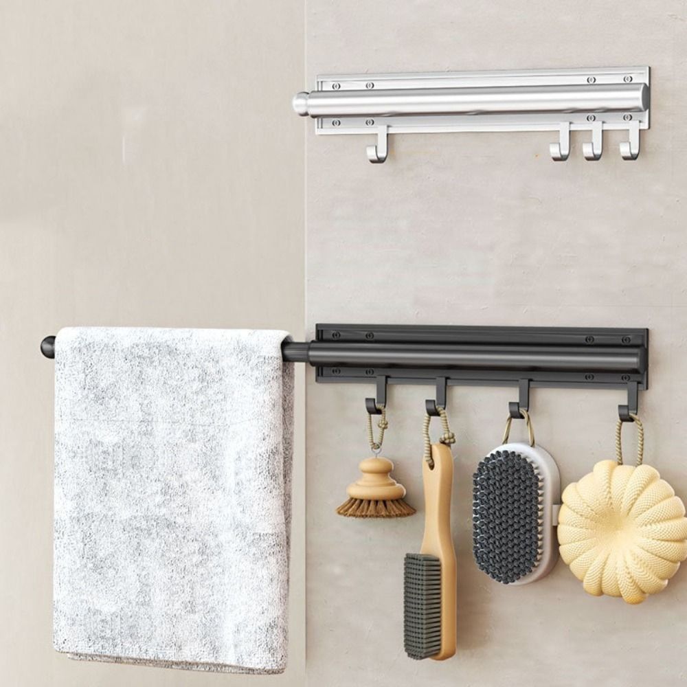 Practical Aluminum Alloy Closet Valet Rod Retractable Space Saving Pull Out Clothes Hanger with 4 Hooks Wall Mounted Wardrobe Clothing Rail Kitchen