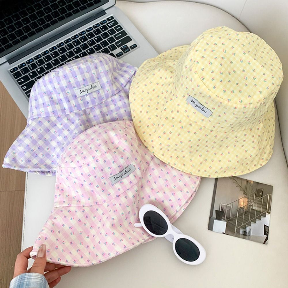 New Floral Plaid Fisherman Hat Adjustable Large Brim Sunscreen Hat Sweet Foldable Sun Cap Seaside