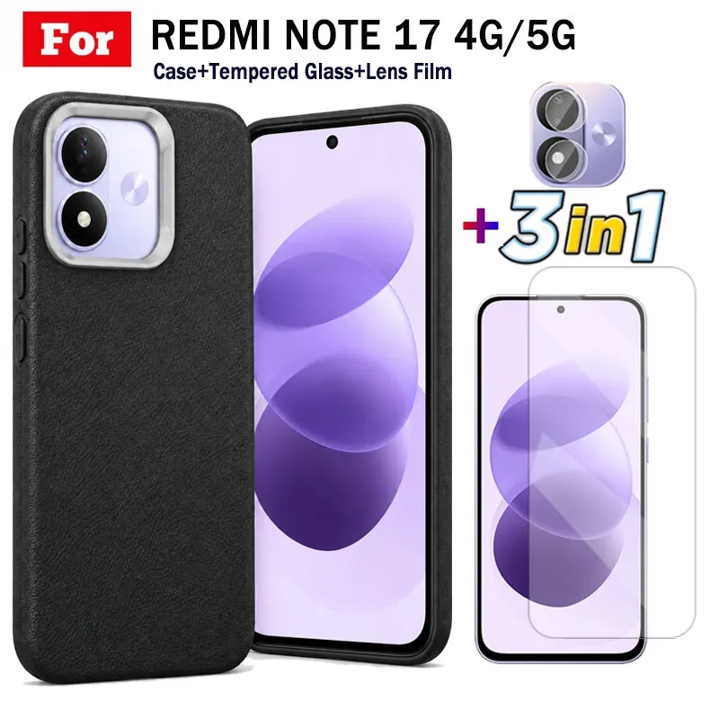 3 in 1 Case For Redmi Note 17 Black Textured Phone Case + Redmi Note 17 Pro Max HD Tempered Glass + Camera Lens Protector