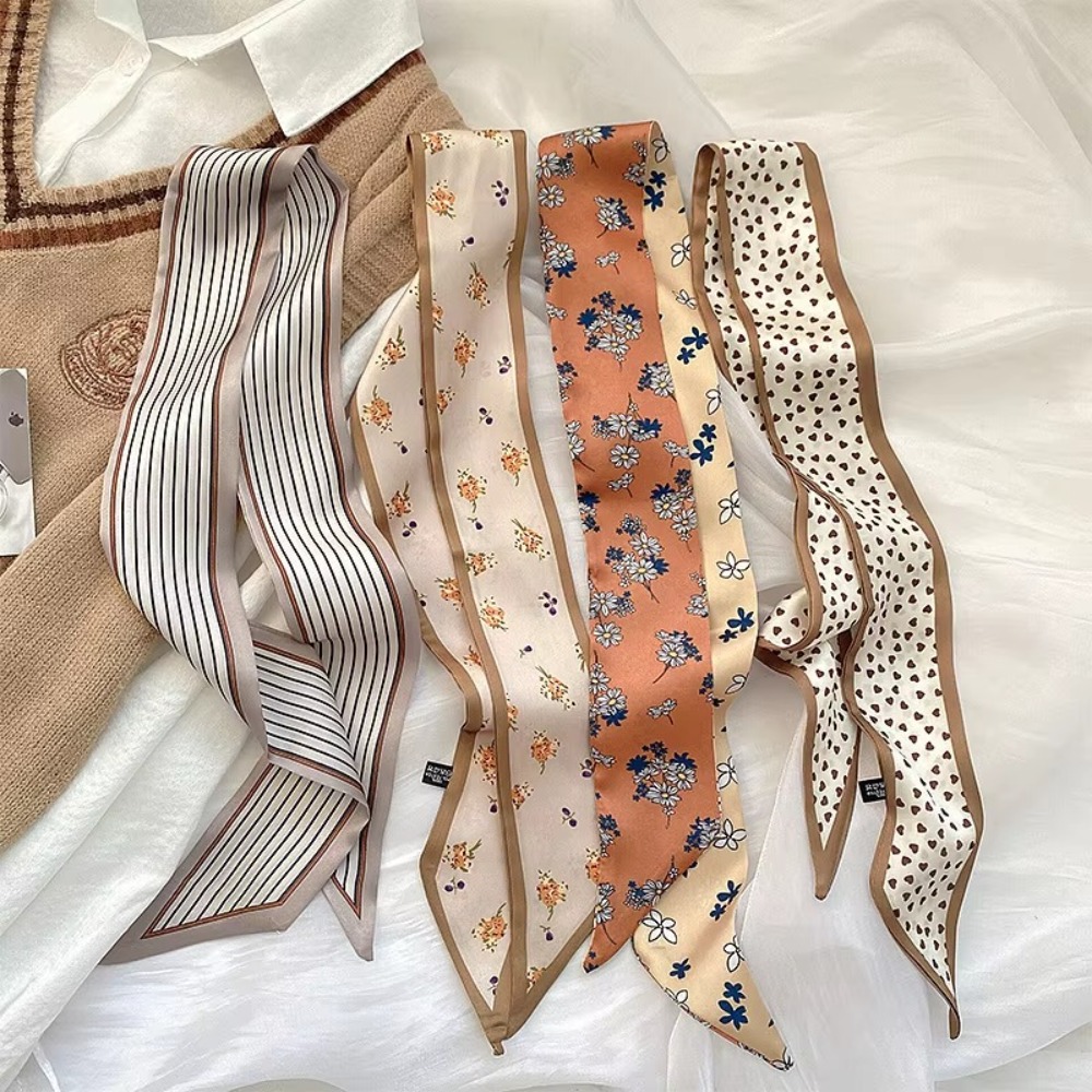 1/4pcs Retro Silk Feel Skinny Silk Scarf Foulard Ribbon Scarves Hair Accessories Bag Wrist Bandana Floral Scarf Women Spring