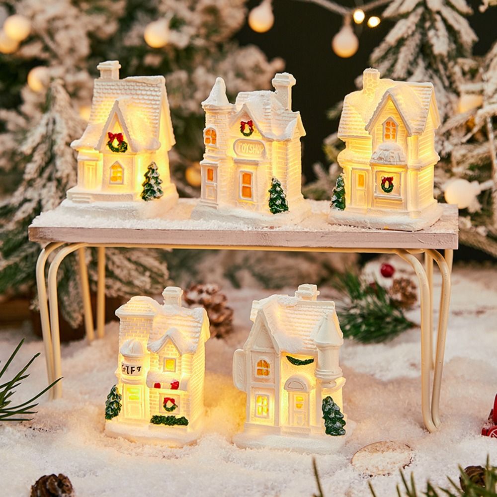 Fairy Night Lamp Cute Christmas Glowing Small House White Luminous Xmas House Ornament Warm Light Resin Cartoon Table Decorations New Year Decoration