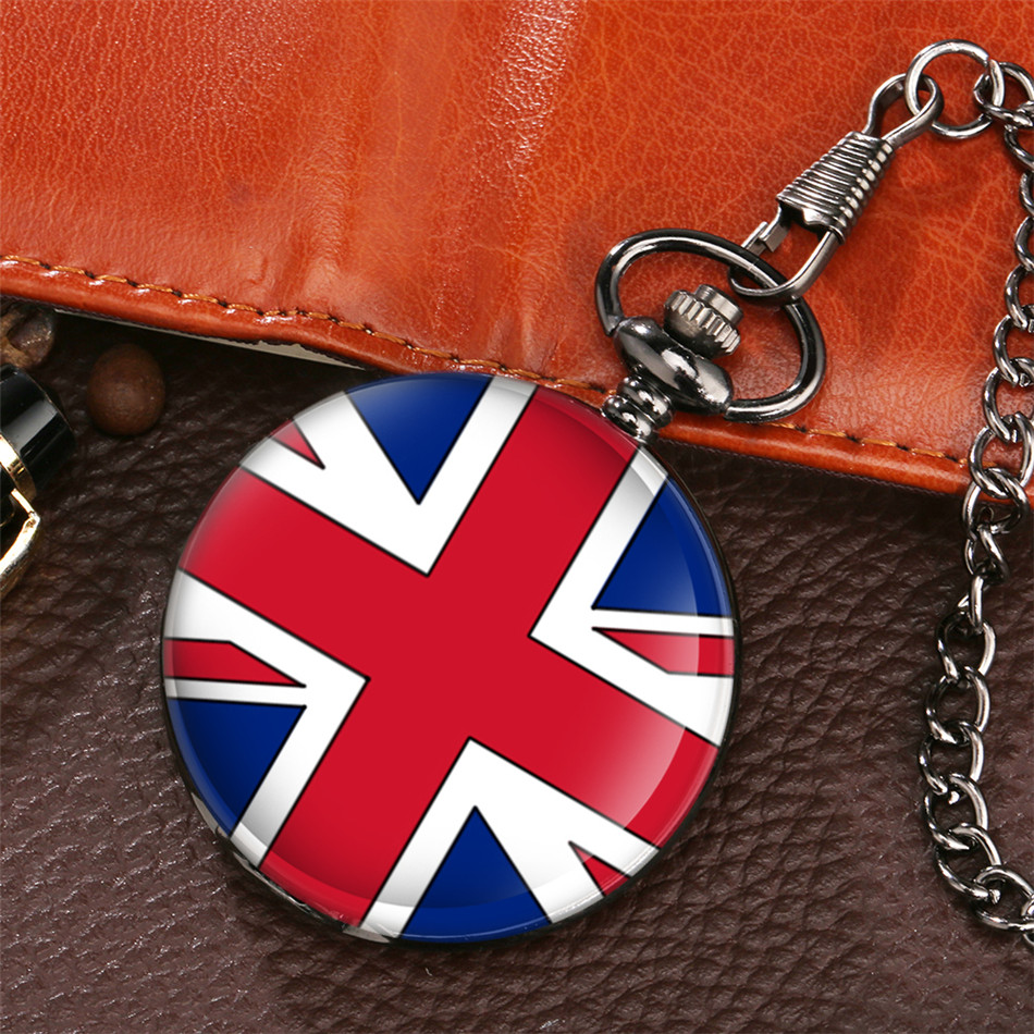 【New Arrivals】UK Flag Theme Quartz Pocket Watch Retro Black Pendant Pocket Watch Fob Chain Pocket Clock Gifts Hot Souvenir Watch Gifts