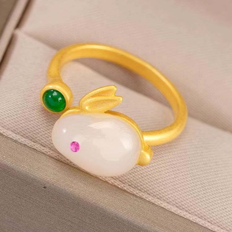 【New Arrivals】Cute Zodiac Rabbit Opening Ring Women's White Chalcedony Niche High-grade Finger Ring Adjustable Sweet