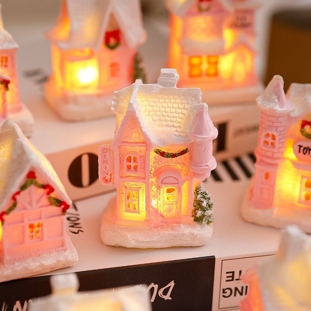 Creative Resin Christmas Glowing Small House Luminous Pink Christmas House Ornament Elegant Cute Christmas Decorations Figurines Party Favors