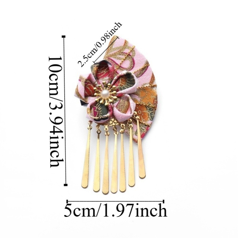 Lovely Elegant Kimono Hair Clip Traditional Sakura Flower Fan Shape Hairpin Metal Tassel Cloth Faux Decor Hair Clip Hanfu Decoration