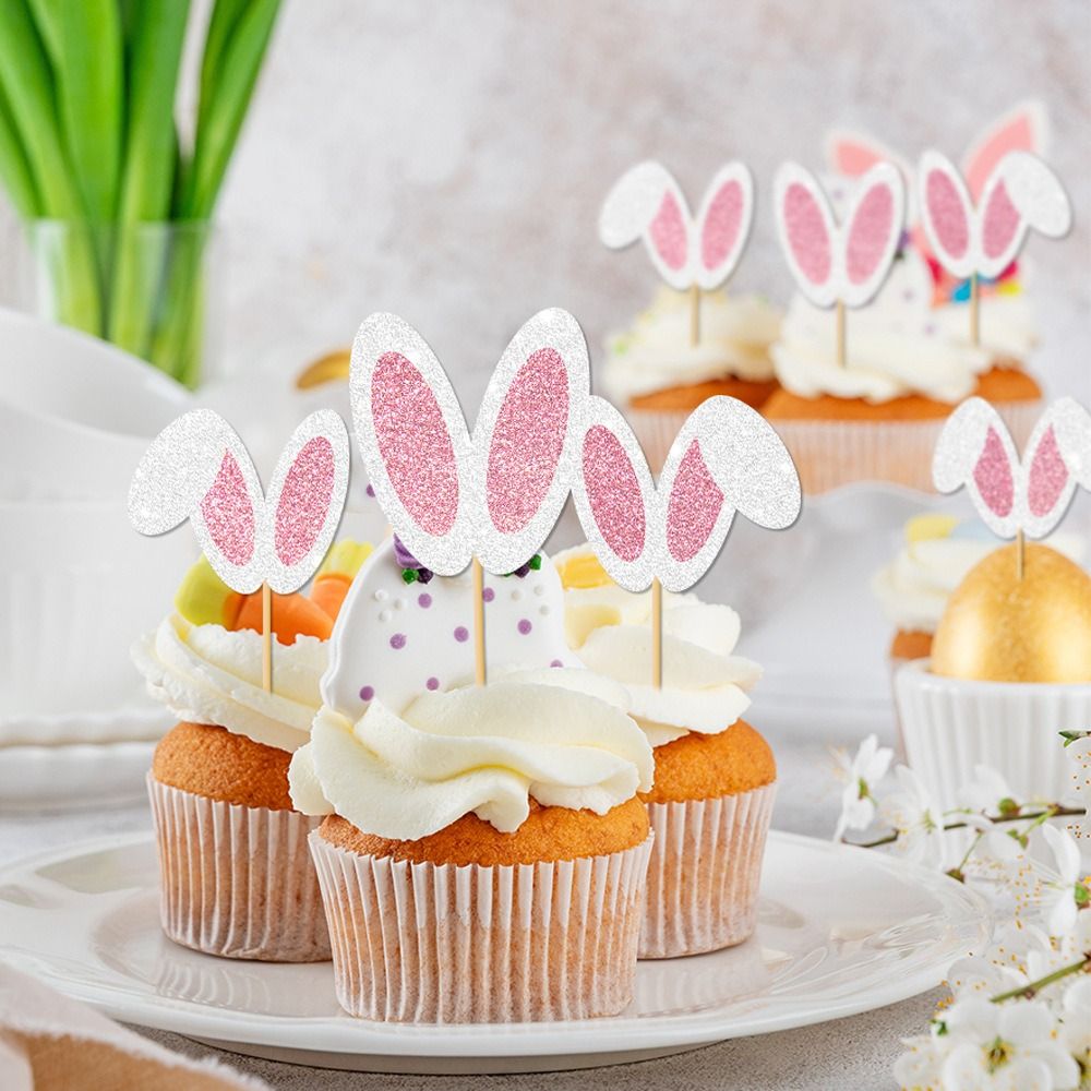 12PCS/Set Cute Ear Pattern Easter Cake Toppers Cake Flag 12 Pieces Per Set Cupcake Toppers Party Supplies Party Cake Decoration Easter Party