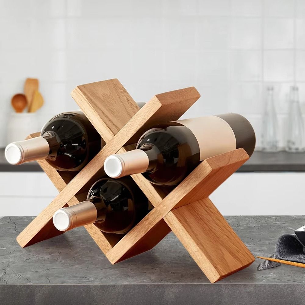 Modern 4-Bottle Solid Wood Rack Standing Decorative Display Rack Space Saving Rustic Style Cabinet Organizer Kitchen